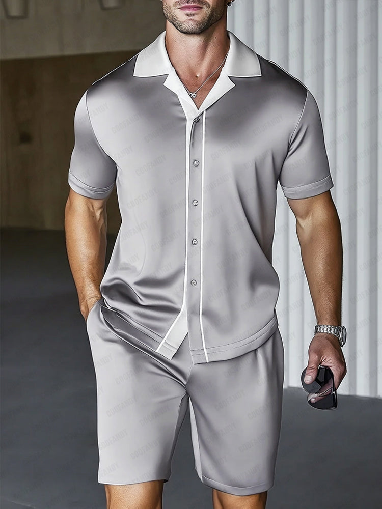 Casual Contrast Collar Satin Shirt Set