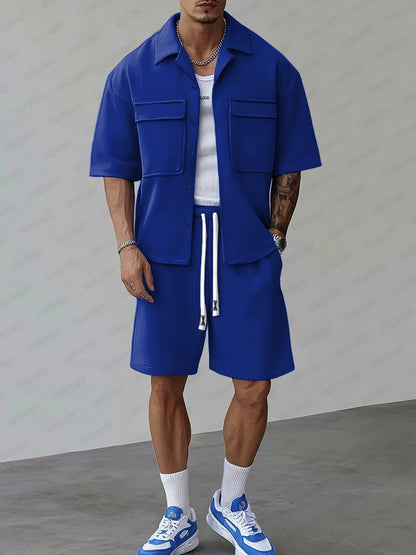 Utility Street Style Shirts Shorts Set