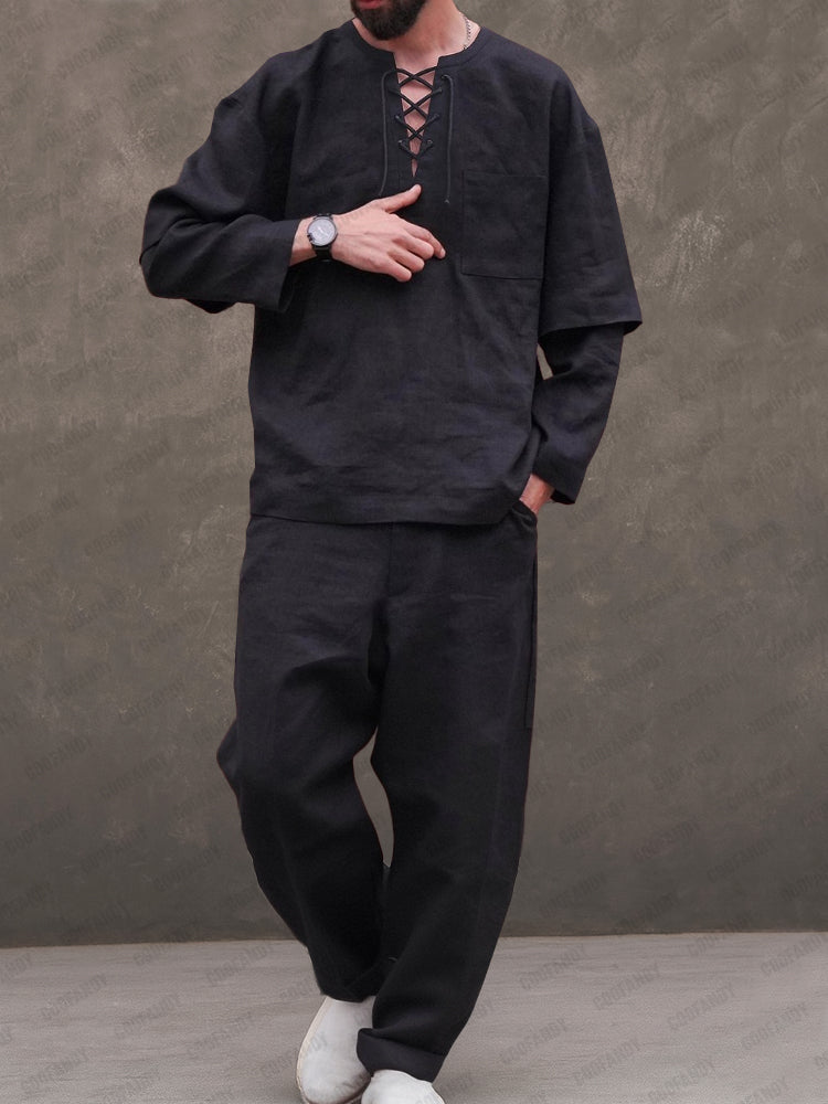 Premium Cotton Lace-up Shirt Set