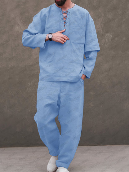 Premium Cotton Lace-up Shirt Set
