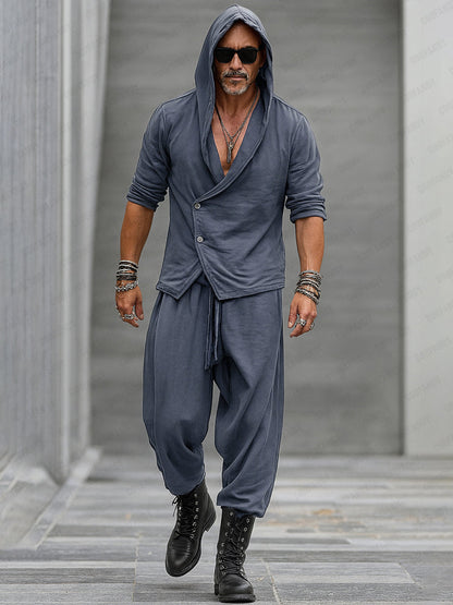 Trendy Hooded Slant Placket Shirt Pants Set