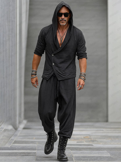 Trendy Hooded Slant Placket Shirt Pants Set