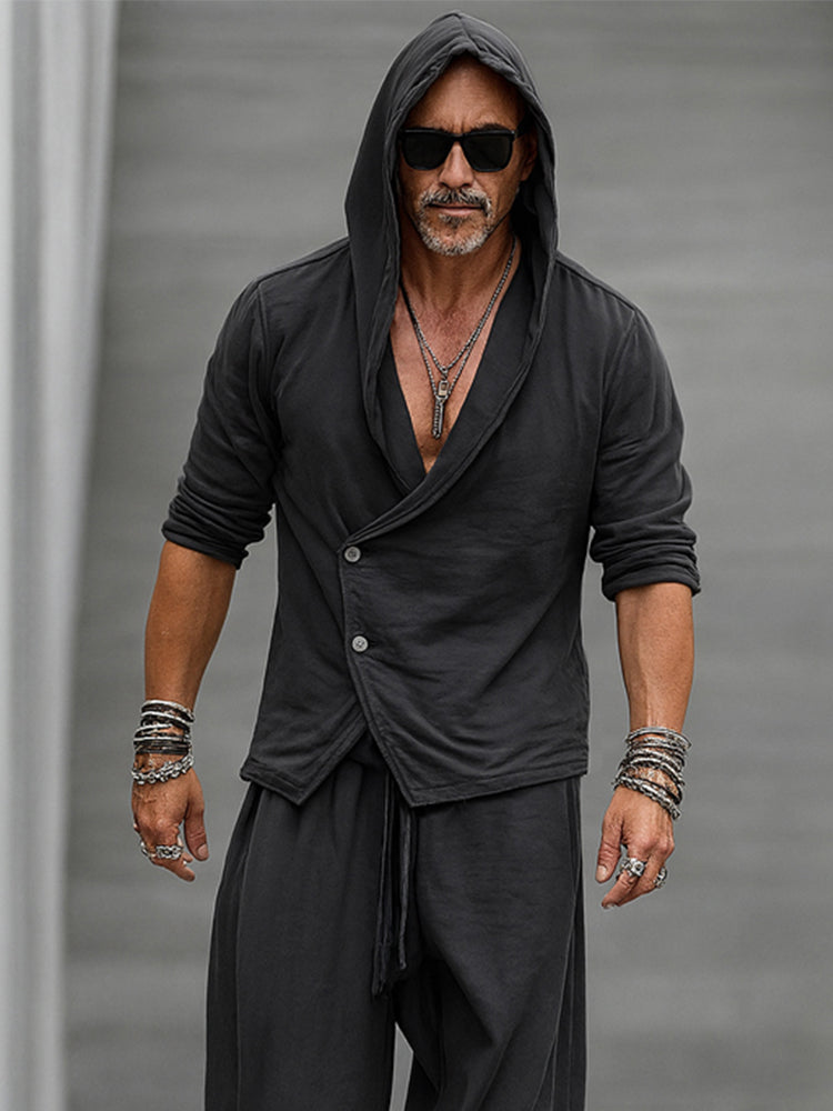 Trendy Hooded Slant Placket Shirt Pants Set