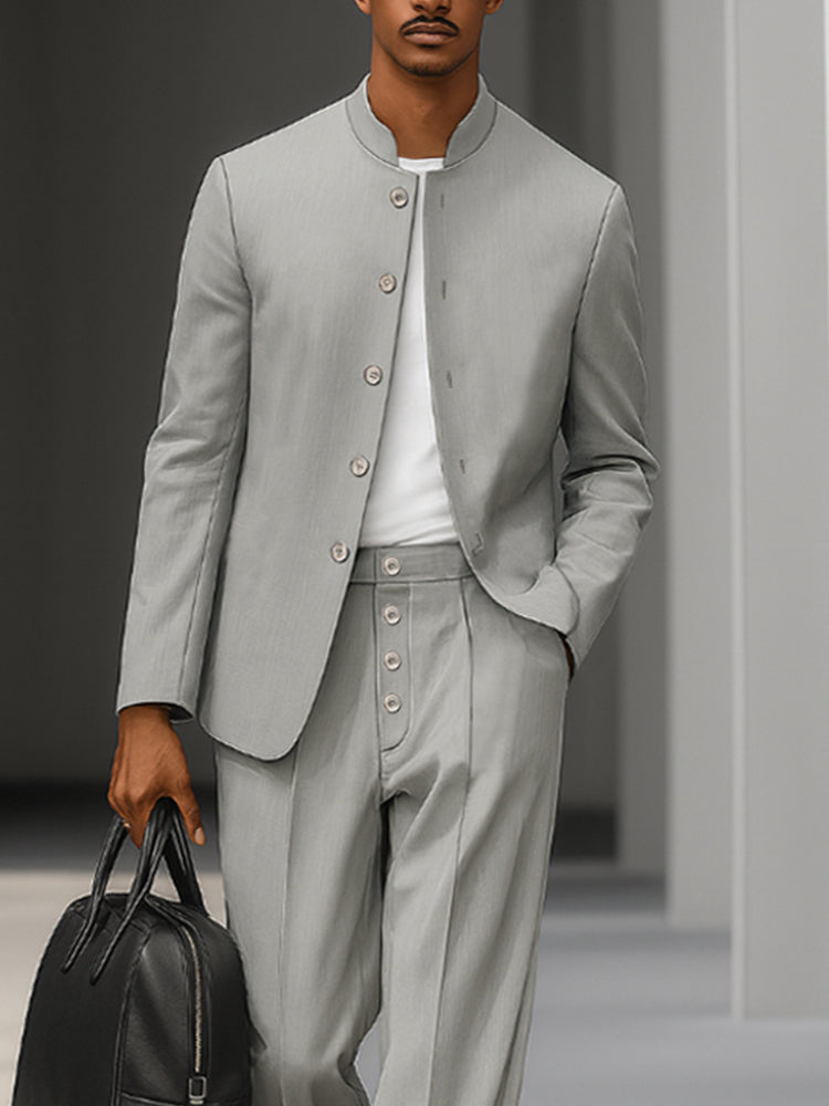Elegant Stand Collar Thin Blazer Pants Set