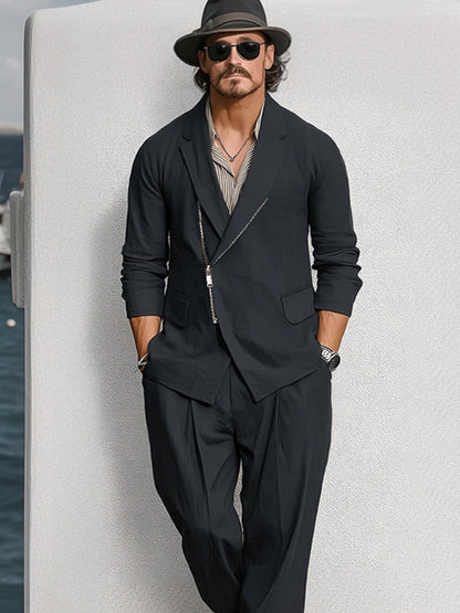 Trendy Zipper Closure Cotton Suit Set