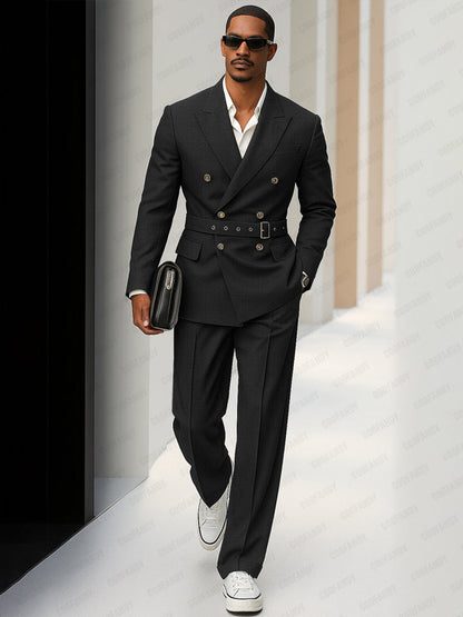Modern Double Breasted Belted Suit Set