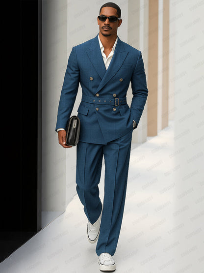 Modern Double Breasted Belted Suit Set