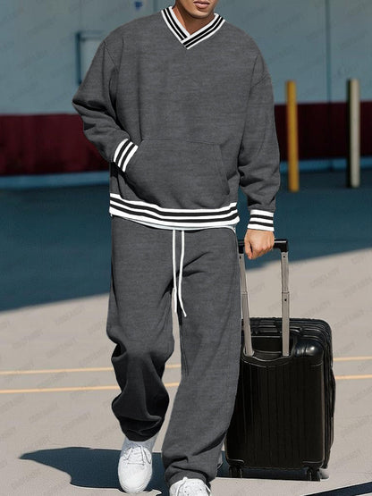 Casual Contrast Ribbed Sweatshirt Pants Set