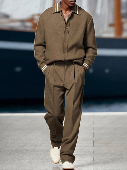 Versatile Ribbed Trim Jacket Pants Set