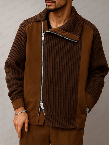 Unique Suede Paneled Zip-Up Knit Jacket