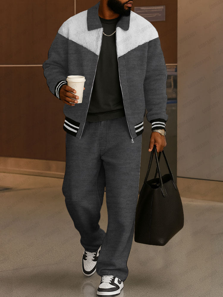 Casual Fleece Patchwork Jacket Pants Set