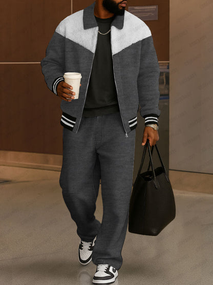 Casual Fleece Patchwork Jacket Pants Set