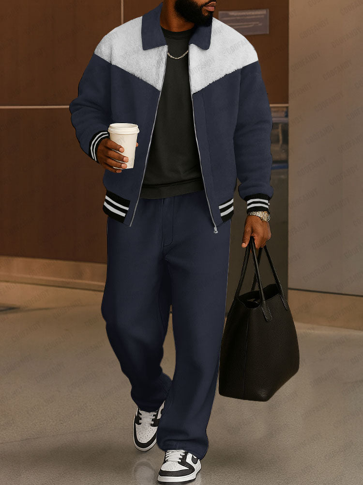 Casual Fleece Patchwork Jacket Pants Set