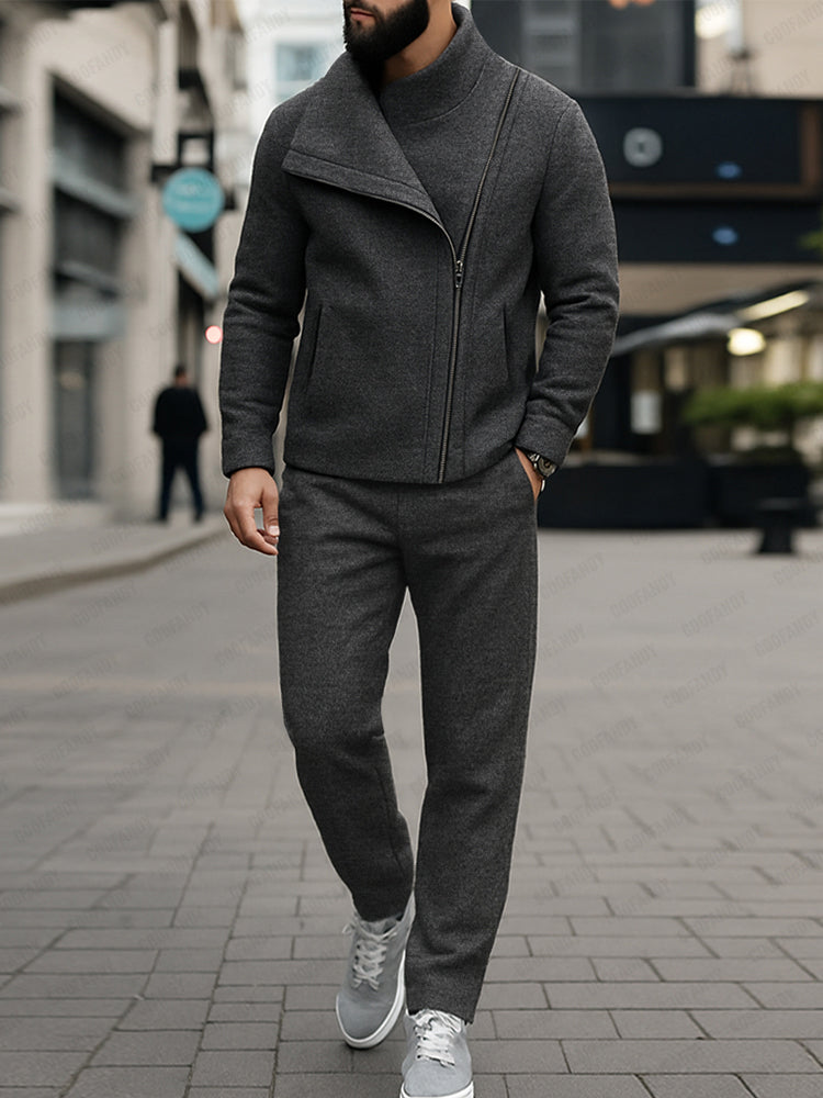 Unique Diagonal Zipper Jacket Pants Set