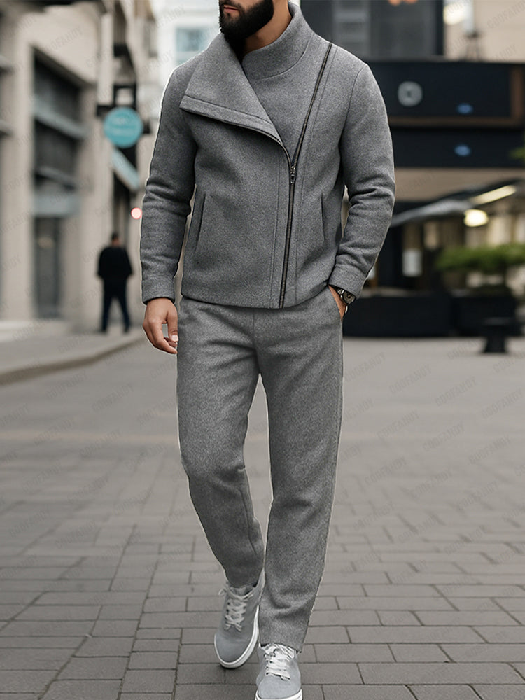 Unique Diagonal Zipper Jacket Pants Set