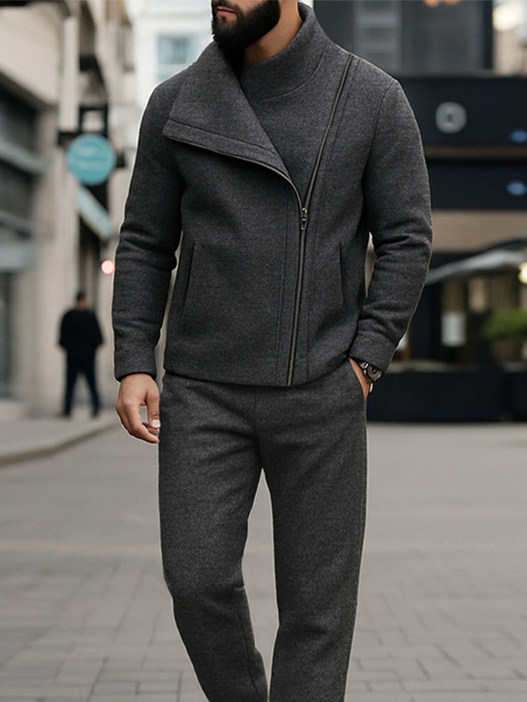 Unique Diagonal Zipper Jacket Pants Set