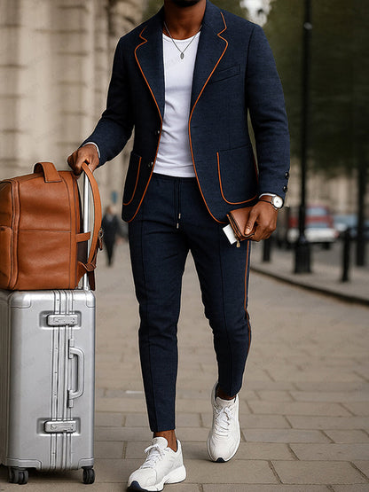 Casual Contrasting Line Design Jacket Pants Set