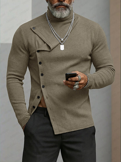 Elastic Slant Placket Turtleneck Knit Top