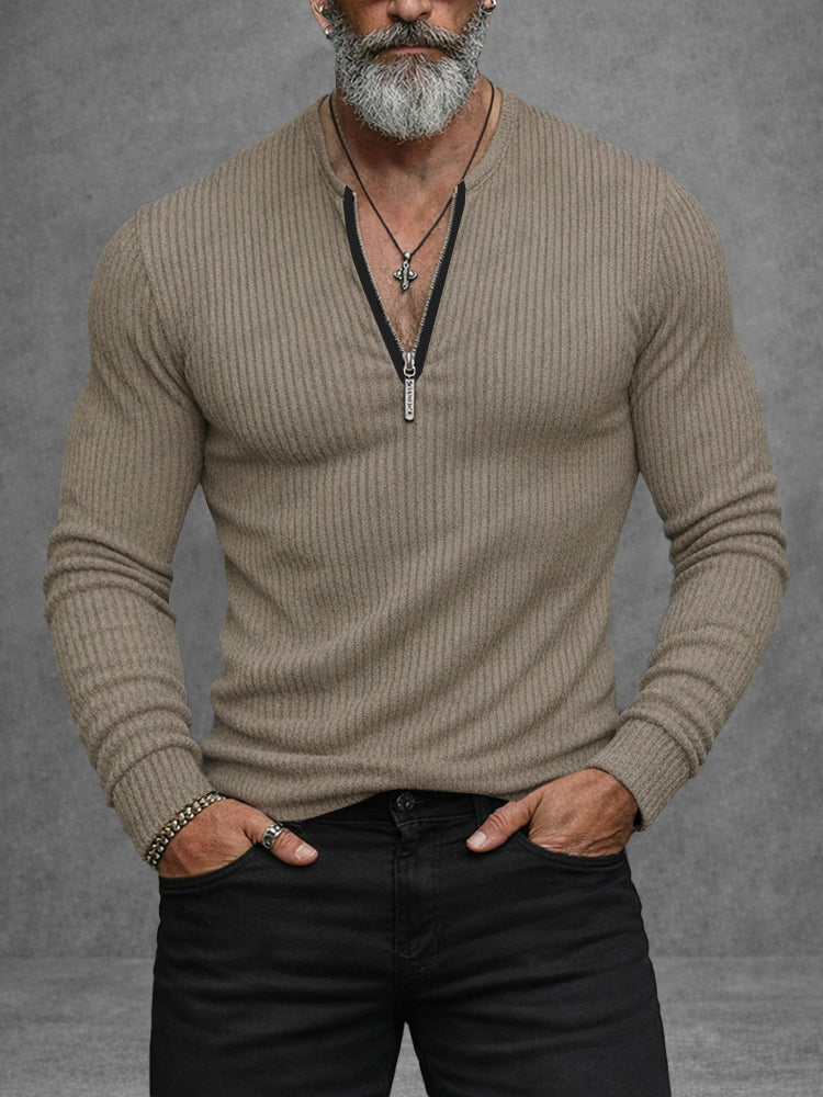 Minimalist Collarless Quarter Zip Knit Top