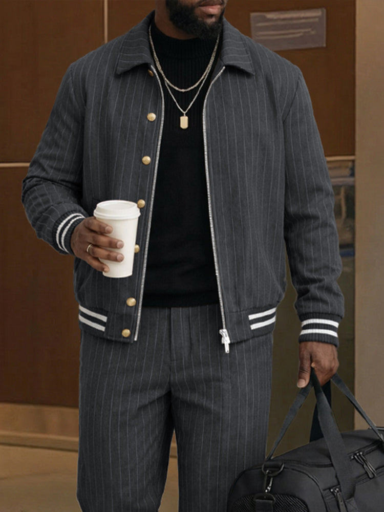Casual Pinstripe Bomber Jacket and Pants Set
