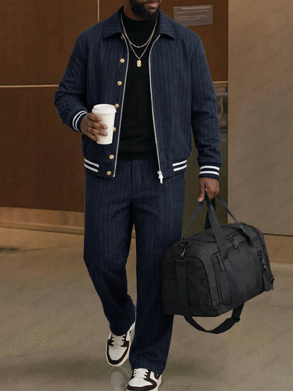 Casual Pinstripe Bomber Jacket and Pants Set