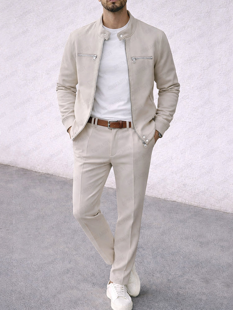 Casual Faux Suede Racer Jacket Pants Set