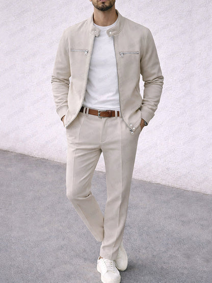 Casual Faux Suede Racer Jacket Pants Set