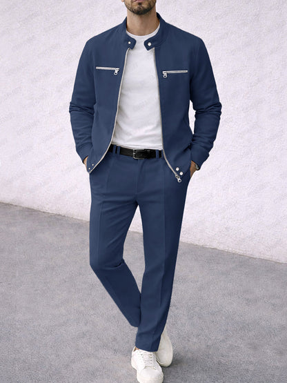 Casual Faux Suede Racer Jacket Pants Set