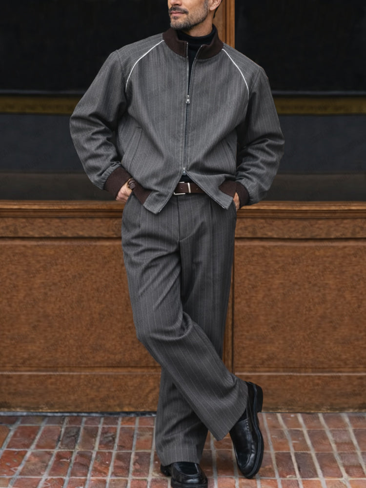 Casual Pinstripe Blouson Jacket Pants Set
