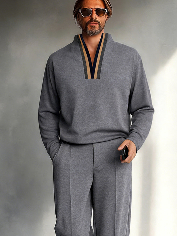 Casual Contrast Stand Collar Shirt Pants Set