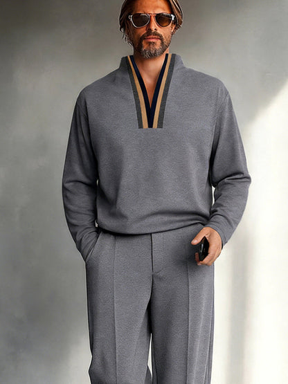 Casual Contrast Stand Collar Shirt Pants Set