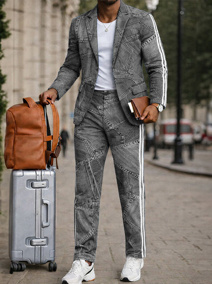Stylish Denim Patchwork Print Jacket and Pants Set