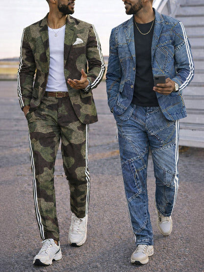 Modern Side Stripe Camo Blazer Pants Set