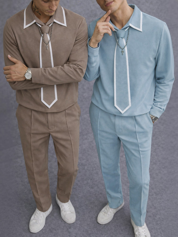 Stylish Contrast Color Detachable Tie Top Pants Set