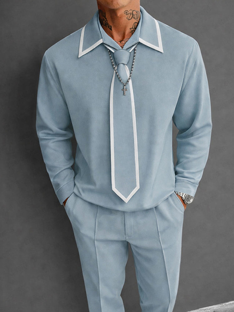 Stylish Contrast Color Detachable Tie Top Pants Set
