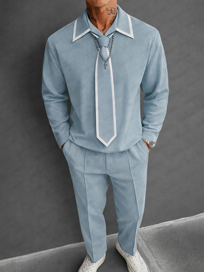 Stylish Contrast Color Detachable Tie Top Pants Set