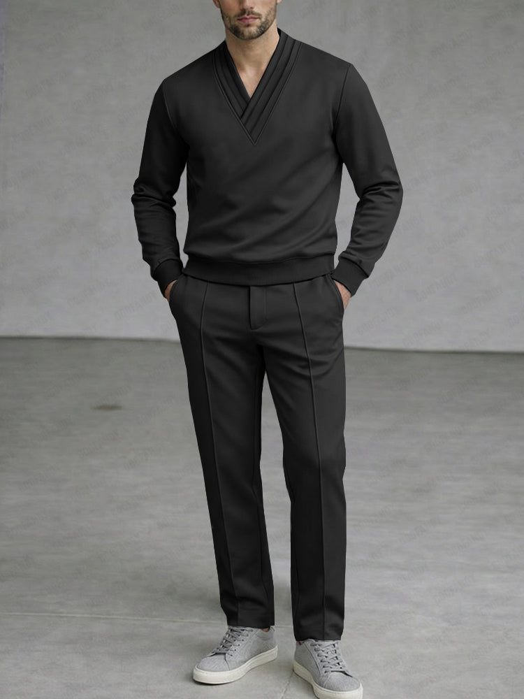 Casual Simple Pleated Collar Top and Pants Set