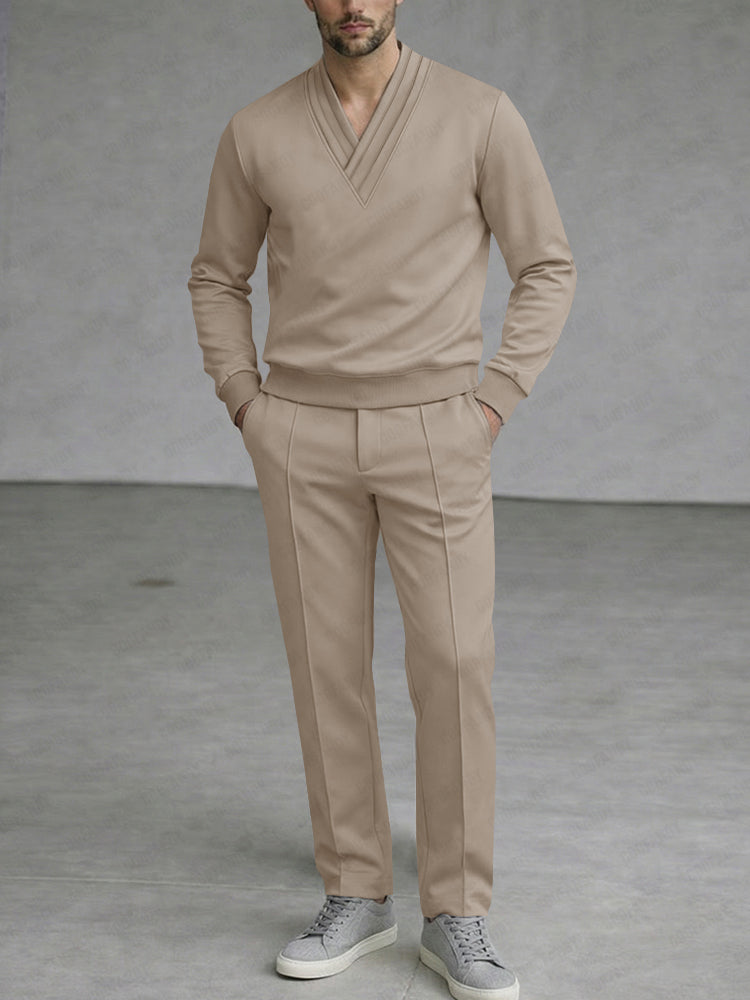 Casual Simple Pleated Collar Top and Pants Set