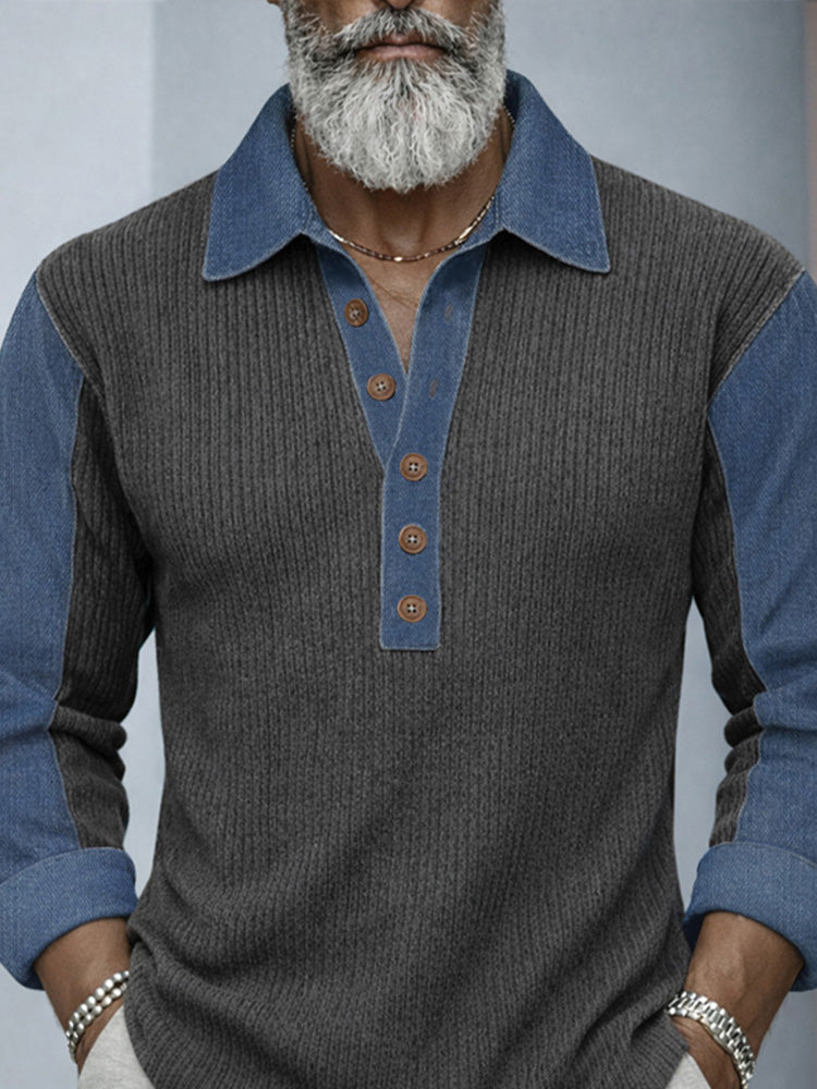 Casual Denim Patchwork Contrast Knit Shirt