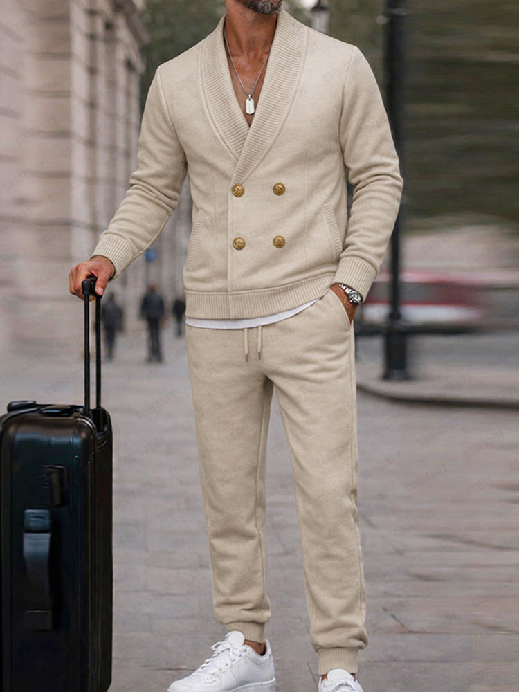 Casual Ribbed Double Breasted Jacket Pants Set