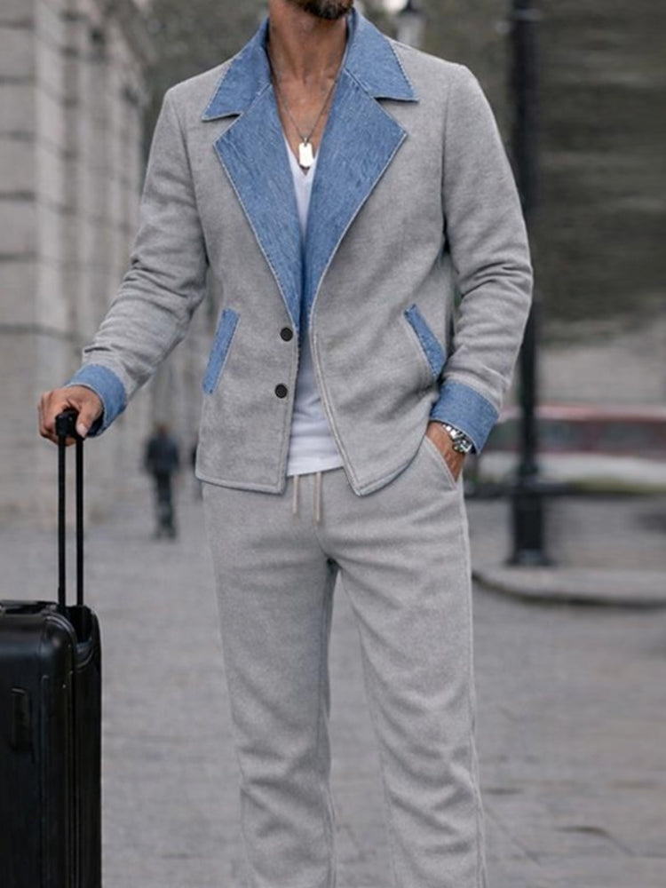 Urban Casual Denim Patchwork Jacket Pants Set