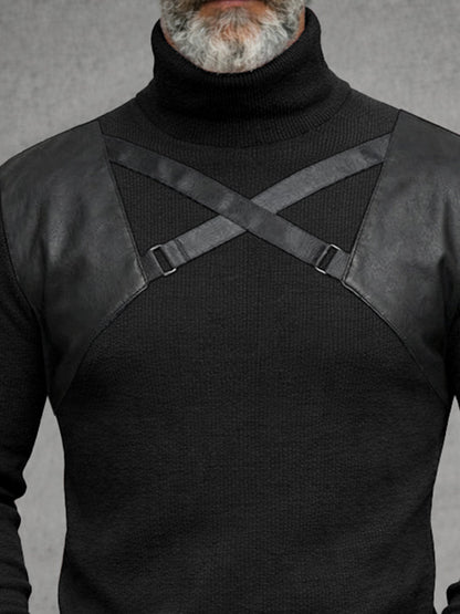 Stylish Leather Patchwork Turtleneck Top