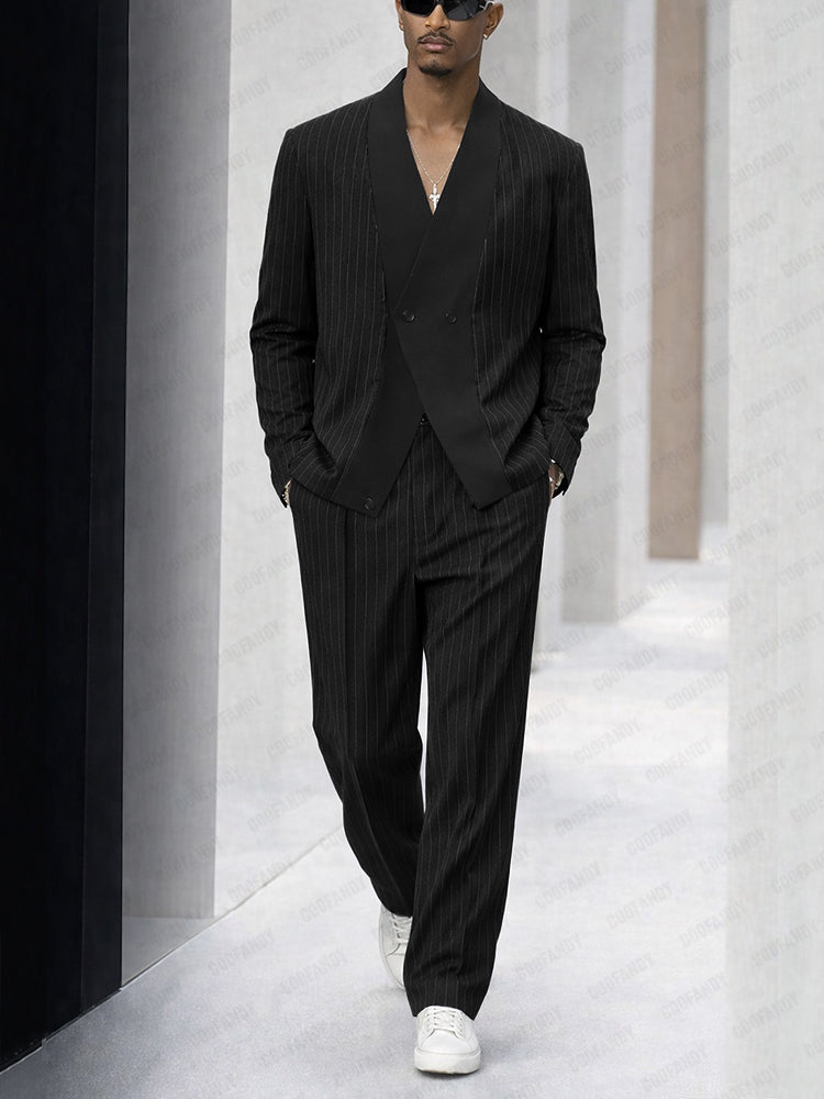 Smart Casual Stripe Splicing Jacket Pants Suit Set