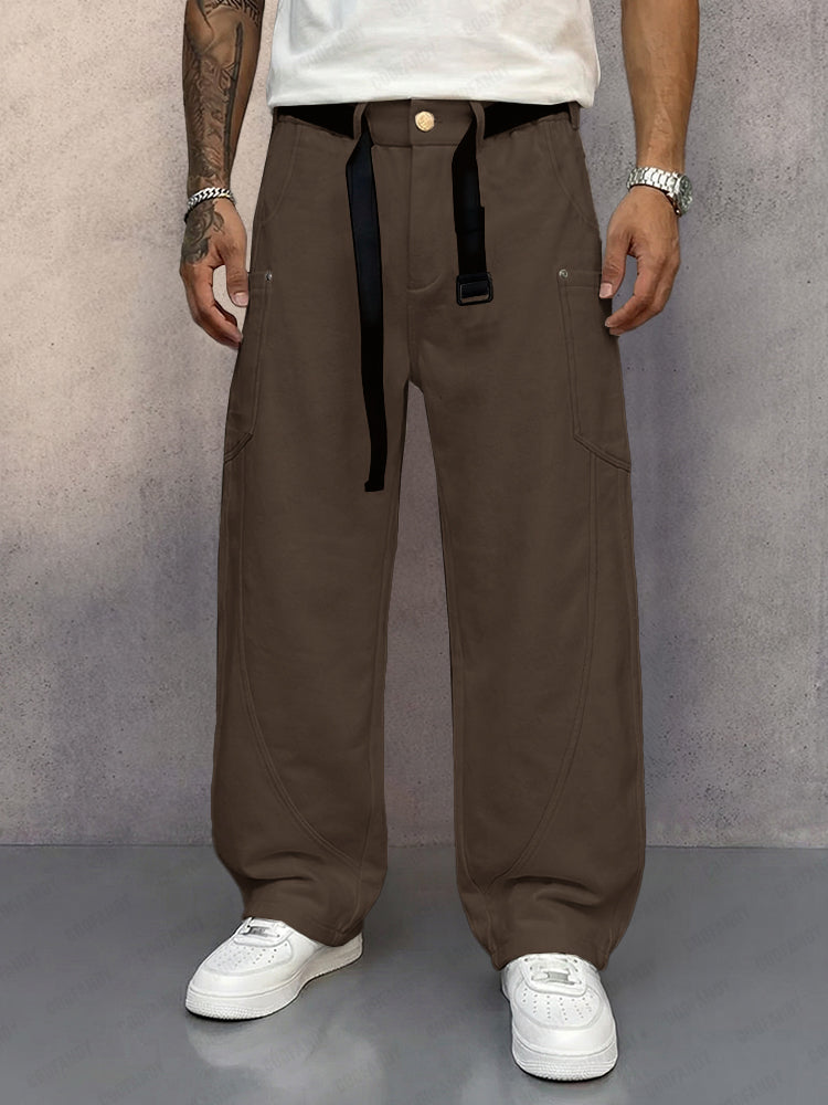 Casual Loose Fit Pockets Belted Suede Pants