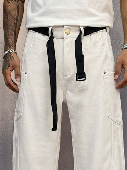Casual Loose Fit Pockets Belted Suede Pants