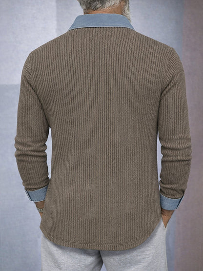 Casual Comfort Contrast Denim Panel Knit Shirt