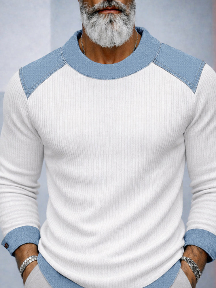 Casual Versatile Denim Patchwork Knit Top