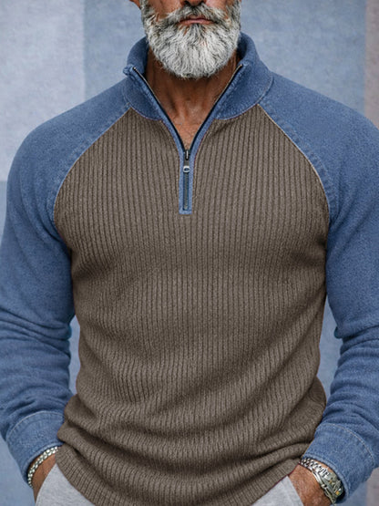 Stylish Two-Tone Denim Splicing Ribbed Knit Top