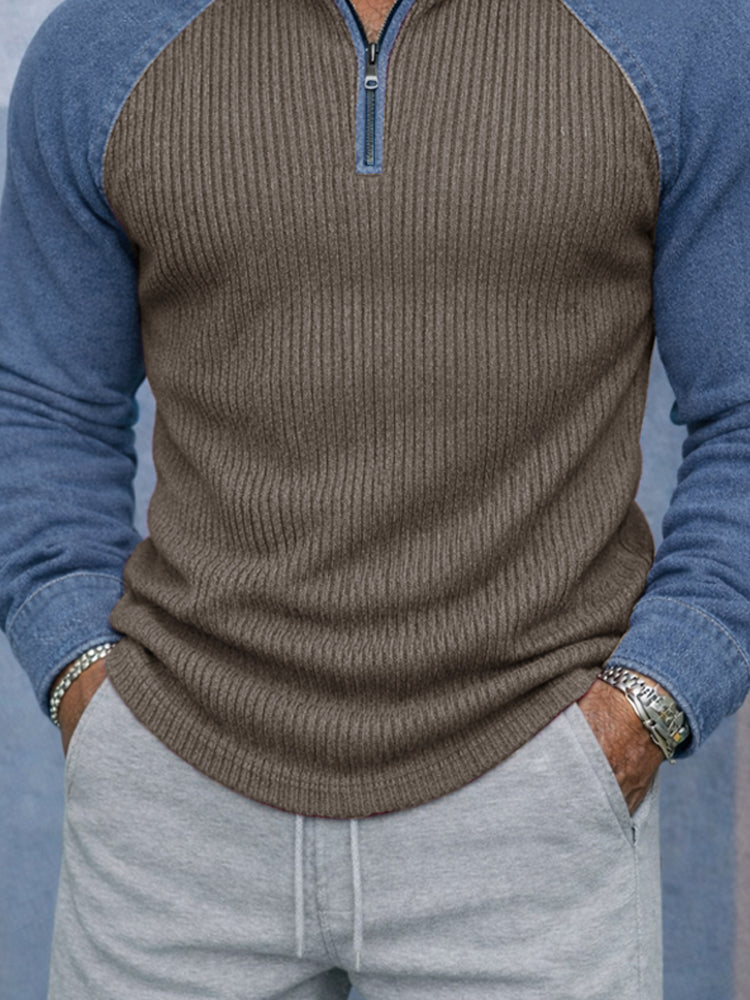 Stylish Two-Tone Denim Splicing Ribbed Knit Top