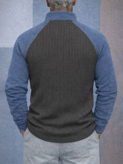 Stylish Two-Tone Denim Splicing Ribbed Knit Top
